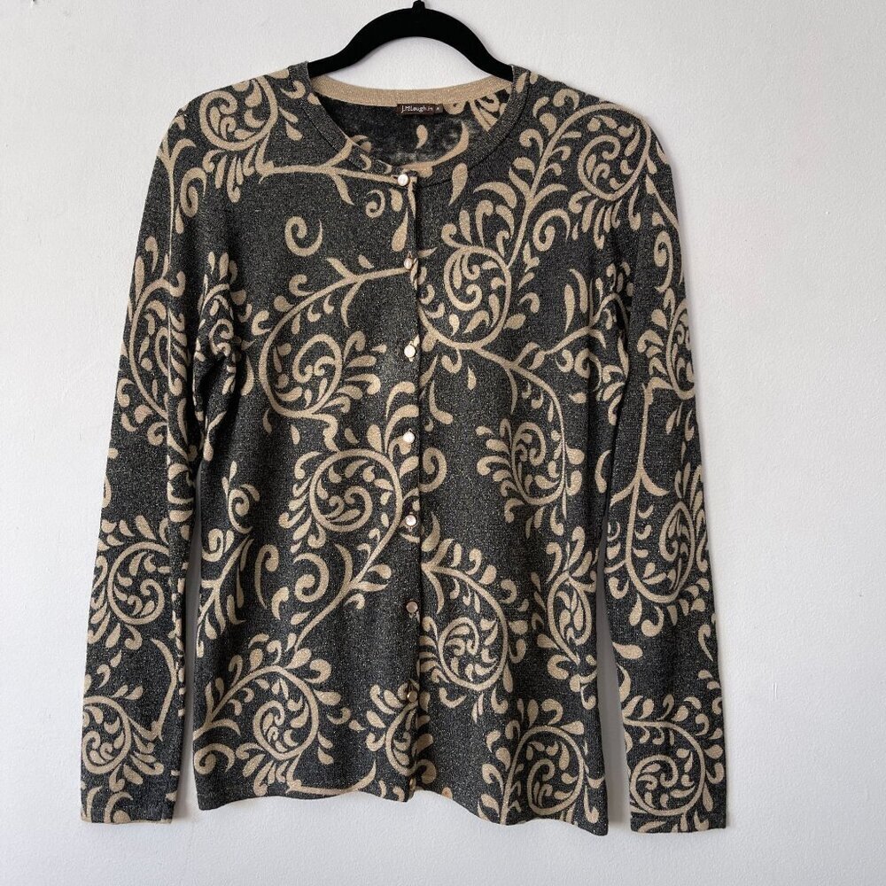 J. McLaughlin Metallic Floral Knit Cardigan Sweater M Pearl Buttons Cotton Modal